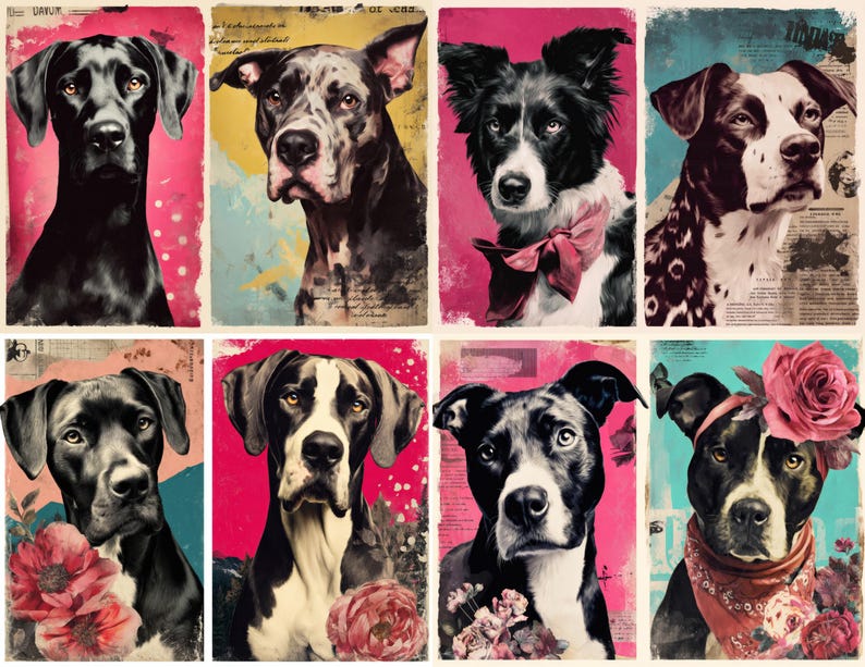 May include: A collection of eight dog portraits in a vintage style. Each dog is depicted in a close-up, with a pink, yellow, or blue background. Some dogs have floral accents or bows. The artwork has a distressed, aged appearance.