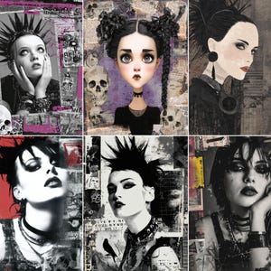 May include: A collage of six portraits featuring gothic and punk aesthetics. The images showcase women with dark makeup, hairstyles, and accessories. The backgrounds include collage elements with skulls and text, with a color palette of black, white, and shades of pink and red.