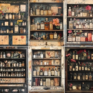 Könnte beinhalten: Eine Sammlung antiker Apothekerschränke, gefüllt mit verschiedenen Glasflaschen, Gläsern und Behältern. Die Schränke sind dunkel und haben mehrere Regale, einige mit Blumenarrangements und Vintage-Etiketten. Die Gesamtästhetik ist vintage und rustikal.