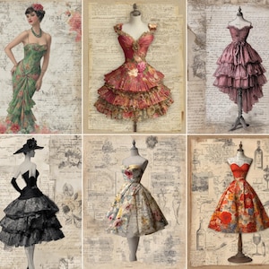 Peut inclure: Un collage d'illustrations de mode vintage. Les images présentent des robes élégantes de différents styles et couleurs, dont le vert, le rouge et le noir, présentées sur des mannequins ou portées par des personnages. Le fond a une texture de papier vintage.