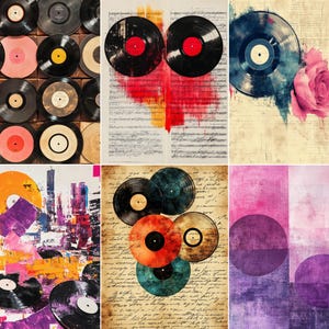56 Seiten im Vintage-Vinyl-Schallplatten-Design, Aquarell-Musikcollagepapiere, Retro-Hintergründe für Junk Journals (Digitaler Download)