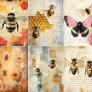 52 vintage bidagbokssidor, honungskaka-botaniska collagepapper, natur-ephemera-bakgrunder för digital nedladdning av skräpdagböcker