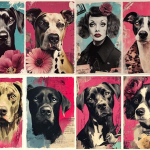 May include: A collection of eight artistic portraits. The portraits feature dogs and a woman, each set against a backdrop of vibrant colors. The dogs are depicted in various breeds and poses, with floral accents.