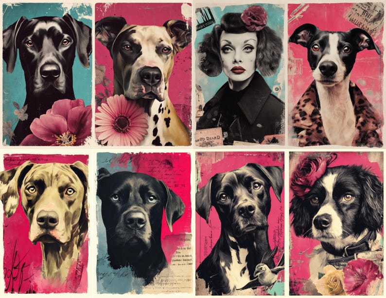 May include: A collection of eight artistic portraits. The portraits feature dogs and a woman, each set against a backdrop of vibrant colors. The dogs are depicted in various breeds and poses, with floral accents.