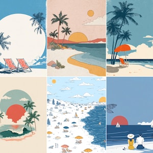 May include: A set of six beach-themed art prints. Each print depicts a stylized illustration of a beach scene with palm trees, sunsets, and beach chairs. The colour palette includes blues, oranges, and beige.