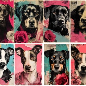 May include: A collection of eight dog portraits with a vintage aesthetic. Each dog is depicted in a close-up, with a pink and teal background, and a red rose. The dogs are of various breeds, with black, brown, and white coats.