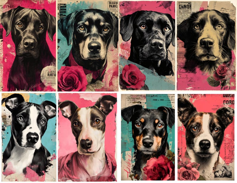 May include: A collection of eight dog portraits with a vintage aesthetic. Each dog is depicted in a close-up, with a pink and teal background, and a red rose. The dogs are of various breeds, with black, brown, and white coats.