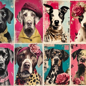 May include: A collection of eight dog portraits, each with a unique style. The dogs are depicted with accessories like hats, scarves, and floral accents. The backgrounds are a mix of pink and teal, creating a vibrant and artistic display.
