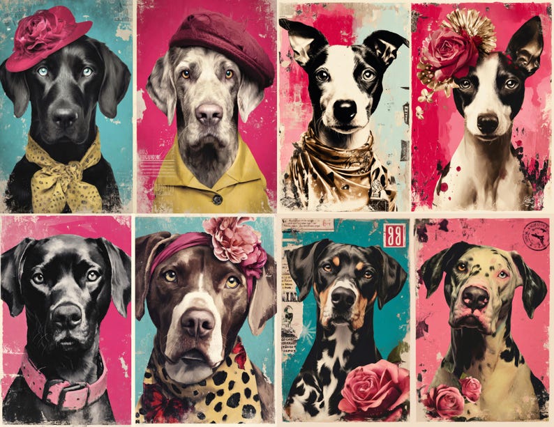 May include: A collection of eight dog portraits, each with a unique style. The dogs are depicted with accessories like hats, scarves, and floral accents. The backgrounds are a mix of pink and teal, creating a vibrant and artistic display.