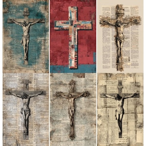 Può includere: Collezione di sei stampe artistiche religiose raffiguranti crocifissi. Le opere d'arte includono rappresentazioni dettagliate di Gesù sulla croce, con stili e sfondi diversi. Gli sfondi includono stampa di giornali e blocchi di colore astratti.