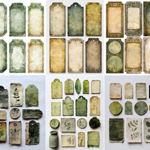 May include: A collection of vintage-style paper tags and labels in various shapes and sizes. The tags feature distressed edges, aged paper textures, and botanical illustrations in shades of green, brown, and cream. Some have decorative borders.