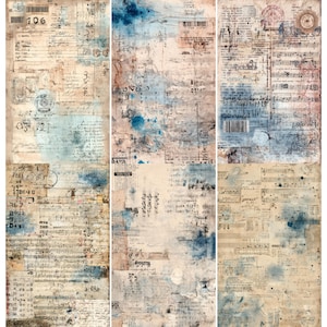 May include: A collage of three vertical panels featuring aged paper textures with handwritten script, stamps, and musical notes. The color palette includes beige, brown, and blue watercolor accents, creating a vintage aesthetic. The number "106" is visible in the top left panel.