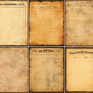 Peut inclure: Une collection de six feuilles rectangulaires de papier beige vieilli aux bords irréguliers et effilochés. Chaque feuille présente des lignes de grille et des en-têtes noirs imprimés, dont le texte Curio Cabinet Inventory, avec des taches brunes.