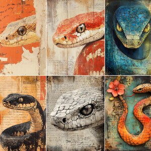 Op de afbeelding: Een collectie van zes rechthoekige kunstdrukken met gedetailleerde slangenillustraties. De afbeeldingen tonen diverse slangenkoppen en een volledige slang met een bloem, tegen getextureerde, verweerde achtergronden met handgeschreven tekstoverlays.