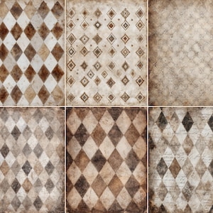May include: A collage of six vintage-style papers with diamond and geometric patterns in shades of brown, beige, and cream. Some papers have a distressed, aged appearance, while others feature subtle decorative elements.