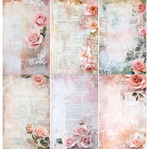 May include: A collage of six vertical paper designs with a vintage aesthetic. Each features a distressed background with faded text and soft pink roses, lace accents, and a watercolor effect. The overall theme is romantic and antique.