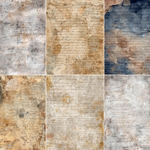 May include: A collage of six aged paper backgrounds with handwritten script. The papers have a distressed appearance with stains and tears, featuring a palette of beige, brown, and gray tones. Some papers have faded ink and circular stamps.
