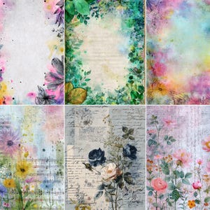 May include: A collection of six rectangular digital papers featuring floral and botanical designs. The patterns include watercolour splashes, vintage script, musical notation, and various colourful flowers in shades of pink, yellow, blue, and green.