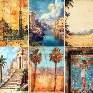May include: A collage of six distinct images featuring ancient architectural scenes, including a mosque with a minaret, a river landscape with classical ruins, a desert with palm trees, stone stairs, and a wall mural depicting an Egyptian deity.