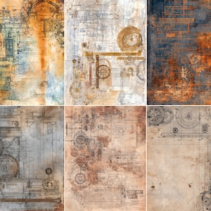 Puede incluir: Un collage de seis papeles de estilo vintage con temática steampunk. Cada papel presenta un diseño único con engranajes, planos y texturas envejecidas en tonos marrón, naranja y azul. Los papeles tienen una apariencia envejecida y antigua.