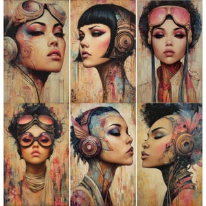 May include: Six portrait prints of women with steampunk-inspired designs. Each portrait features a woman with goggles, headphones, and intricate mechanical details. The color palette includes warm tones of beige, brown, and red, with accents of blue and pink.