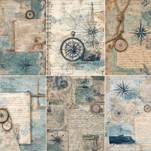 May include: A collage of vintage nautical-themed papers with compasses, maps, and handwritten script. The color palette includes shades of blue, beige, and brown, evoking a sense of exploration and history. The design features various compass rose illustrations.