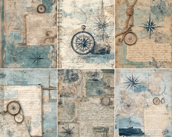 30 Nautical Journal Pages, Sailor Logbook Printable, Compass Map Voyage Designs, Marine Scrapbook Papers, Digital Download