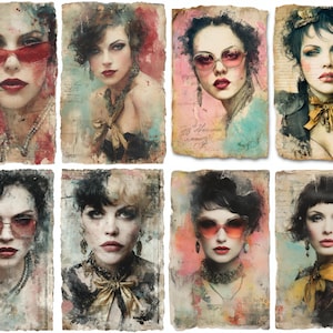 May include: A collection of eight vintage-style portraits of women. Each portrait features a woman with dark hair, bold makeup, and various accessories, including sunglasses and jewelry. The artwork has a distressed, aged appearance with a watercolor effect.