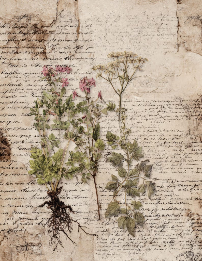 May include: A vintage-style botanical print featuring pressed flowers and foliage with visible roots. The image is set against a backdrop of aged paper with handwritten script, creating a rustic and antique aesthetic. The flowers have pink and white blossoms.