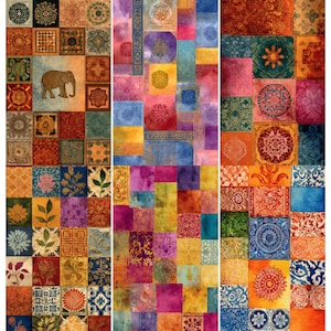 May include: A patchwork design featuring squares with various patterns and colors. The squares include floral, geometric, and animal motifs, such as an elephant. The color palette includes shades of orange, blue, purple, and green.