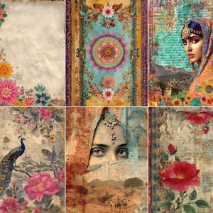 May include: A collage of six images with an antique, vintage aesthetic. The images feature floral designs, a peacock, a woman in traditional attire, and a mandala. The color palette includes warm tones of gold, pink, blue, and green.