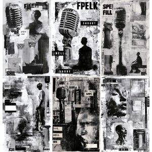 May include: A collection of six black and white art prints. Each print features a vintage microphone, human figures, architectural elements, and text fragments. The overall aesthetic is a collage-style design with a distressed, grunge appearance.