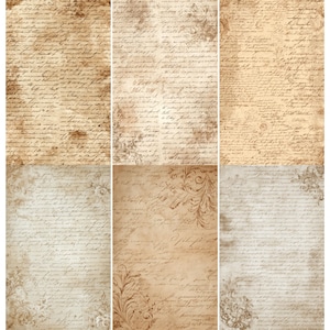 May include: A collage of six rectangular papers with a vintage aesthetic. The papers feature aged, sepia-toned backgrounds with handwritten script and decorative floral and scroll elements. The papers vary in tone and design, creating a cohesive, antique feel.