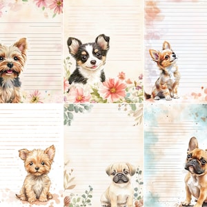 May include: Set of six stationery sheets featuring watercolor illustrations of various dog breeds. Each sheet has a lined writing area and is decorated with floral accents in shades of pink and green. The dogs include a Yorkshire Terrier, Chihuahua, Pug, and French Bulldog.