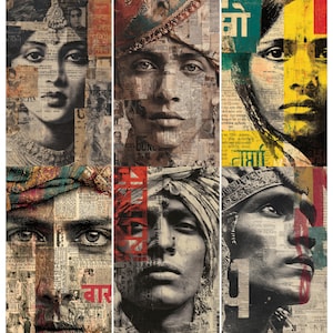 Puede incluir: Un tríptico de retratos, cada uno un collage de rostros y papel de periódico. Los sujetos, con rasgos oscuros y tocados tradicionales, están representados en una mezcla de tonos negros, blancos y sepia. La obra evoca una sensación de historia y profundidad cultural.