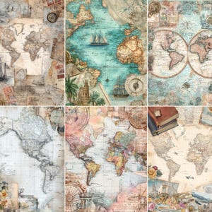 May include: A collage of vintage-style world maps with a sepia tone. The maps feature detailed illustrations of continents, oceans, and sailing ships. Decorative elements include compasses, stamps, and floral accents, creating an antique aesthetic.