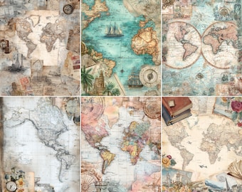 May include: A collage of vintage-style world maps with a sepia tone. The maps feature detailed illustrations of continents, oceans, and sailing ships. Decorative elements include compasses, stamps, and floral accents, creating an antique aesthetic.