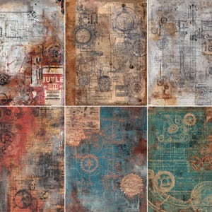 May include: A collage of six mixed-media art pieces with a steampunk theme. Each piece features gears, blueprints, and aged paper textures in shades of brown, red, and teal. One piece includes the text "JUTLE SUN".