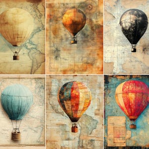 May include: A set of six wall art prints featuring hot air balloons in various colors including yellow, orange, black, blue, and multicolored patterns, each superimposed over a detailed vintage map background with visible cartographic lines and text.