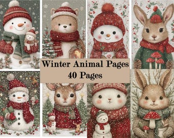 40 Christmas Junk Journal Pages, Winter Animal Printable Pages, Holiday Journal Pages, Cozy Christmas Digital Paper, Printable Journal Pages