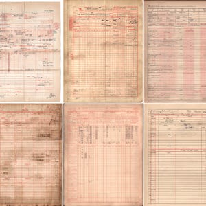 Può includere: Una collezione di sei vecchi fogli di registro con linee a griglia rosse e testo scritto a mano. I documenti hanno un'estetica vintage, con usura visibile, e provengono probabilmente da un contesto contabile o di registrazione.
