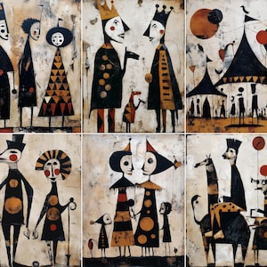 May include: A collection of six abstract art pieces. Each piece features stylized figures with geometric shapes and bold colors like black, orange, and red against a textured, off-white background. The art evokes a whimsical, circus-like theme.
