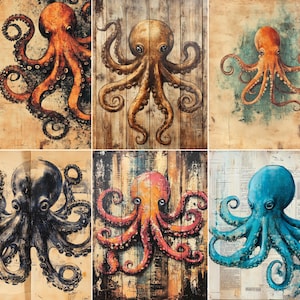 May include: A collection of six rectangular art prints featuring octopus illustrations. The octopuses are rendered in orange, brown, black, pink, and blue colors, set against backgrounds of weathered wood, aged paper, and vintage document textures.
