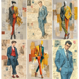 May include: A collage of six illustrations showcasing men's fashion. Each image features a figure in a stylish suit, with a variety of colors including blue, yellow, red, and green. The backgrounds are adorned with vintage paper textures and handwritten script.