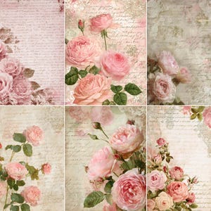 May include: A collage of six vintage-style images featuring pink roses and handwritten script backgrounds. The roses vary in size and are in full bloom, with green leaves. The overall aesthetic is soft, romantic, and reminiscent of antique ephemera.