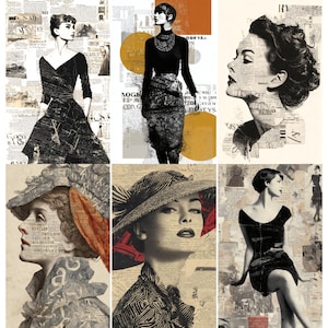 May include: A collage of six vintage-style portraits of women, each set against a backdrop of newspaper clippings. The images are primarily black and white, with some featuring pops of color. The women are depicted in various elegant poses and attire.