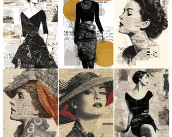 May include: A collage of six vintage-style portraits of women, each set against a backdrop of newspaper clippings. The images are primarily black and white, with some featuring pops of color. The women are depicted in various elegant poses and attire.