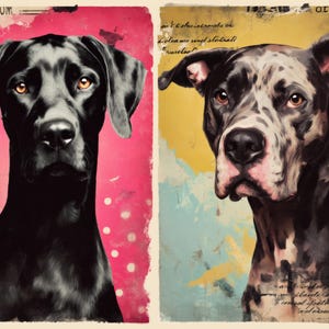 May include: Two dog portraits on textured backgrounds. The left features a black dog with amber eyes against a pink backdrop. The right shows a spotted dog with a yellow and blue background. Both images have a vintage, artistic style.