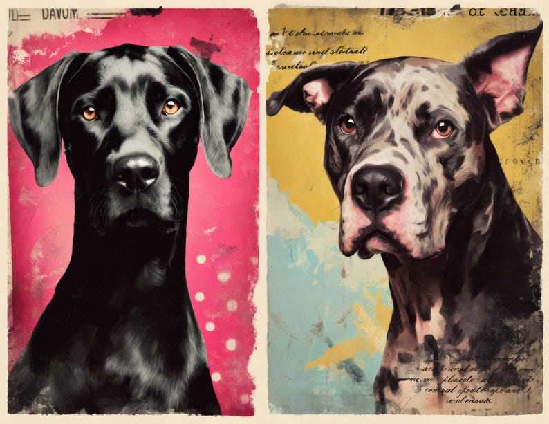 May include: Two dog portraits on textured backgrounds. The left features a black dog with amber eyes against a pink backdrop. The right shows a spotted dog with a yellow and blue background. Both images have a vintage, artistic style.