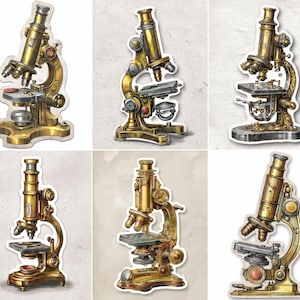 May include: A collection of six die-cut stickers featuring detailed illustrations of antique brass microscopes. Each sticker displays a unique scientific instrument with metallic gold tones, complex mechanical parts, lenses, and a sturdy base.